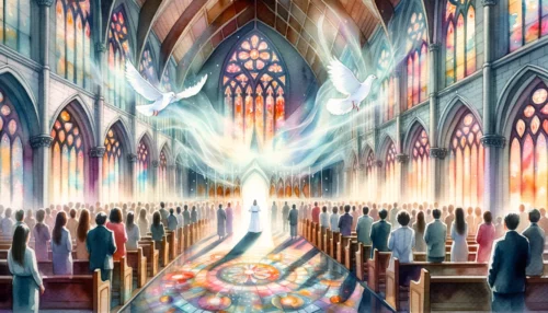 Congregation is gathered in a church. As they sing, ethereal wisps of light dance around them, representing the manifestation of the Holy Spirit during worship.