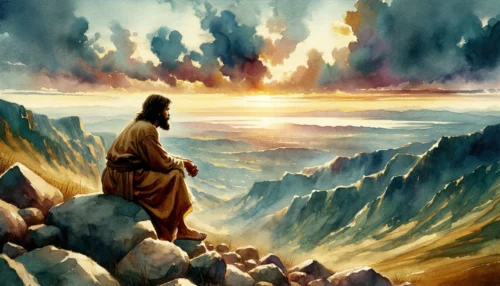 Jesus on a mountain, gazes at a sunset-drenched horizon. Deep in thought, contemplating on sins, his divine mission and human experiences.
