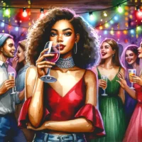 Festively dressed Christian woman drinks alcohol, surrounded by diverse friends dancing and laughing in a vibrant party scene with colorful lights.