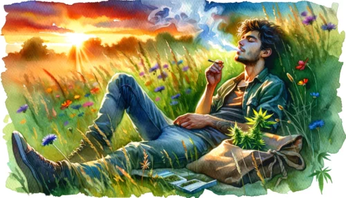 Young Christian man lounging in a wildflower-filled field, smoking marijuana as the sunset bathes the scene in warm hues.