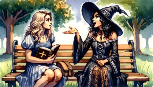 Wiccan & Christian women discuss beliefs on a park bench, gestures and Bible in hand, sharing earnest expressions.