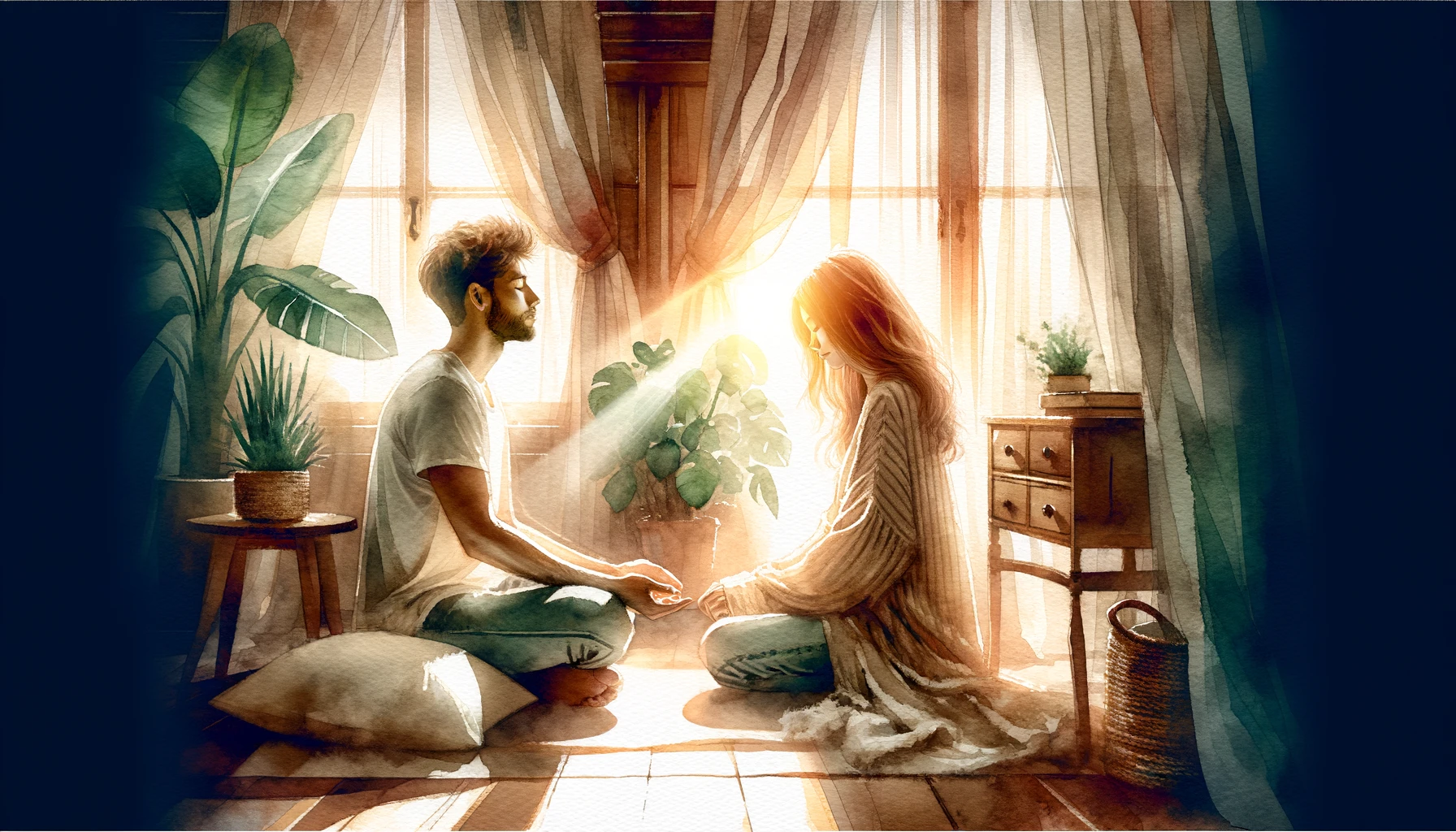 A couple shares a moment of prayer in a sun-drenched living space.