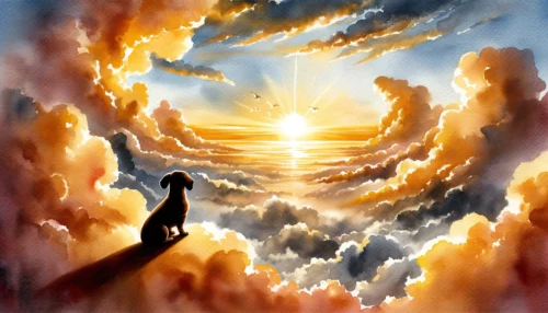 Sunset in the heavenly realm. A lone dog silhouette sits on a golden-lit cloud, casting a shadow, and looks out over the vast expanse.