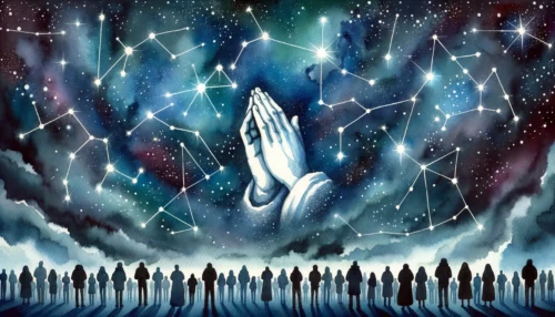 Bright constellations above, one forming clasped hands in prayer. Below, individuals gaze up in awe, signifying the infinite wisdom of God and our quest to resonate with it.