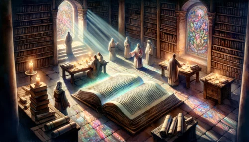 Ancient library with scrolls and manuscripts like the Bible and Apocrypha scattered across wooden tables.