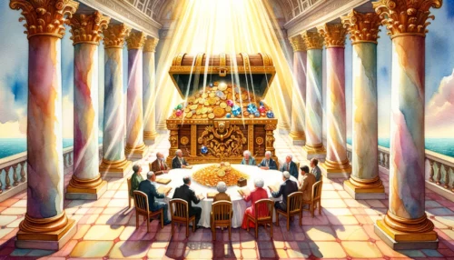 Opulent room with sunlight and pillars. A treasure chest overflows with gold, gems, and scriptural scrolls. Individuals discuss, applying biblical wisdom to money management.