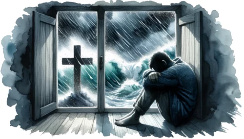 Distressed individual sitting by a window during a stormy night. Outside, the silhouette of a cross stands firm against the raging winds, symbolizing hope and solace in the midst of anxiety.