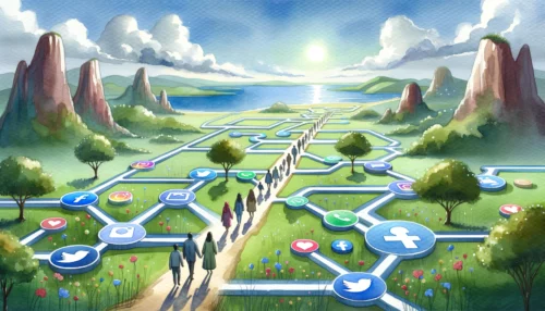 Serene landscape with pathways shaped like digital circuits, leading to different social media icons. Along the paths, individuals walk hand-in-hand, reflecting thoughtful engagement.