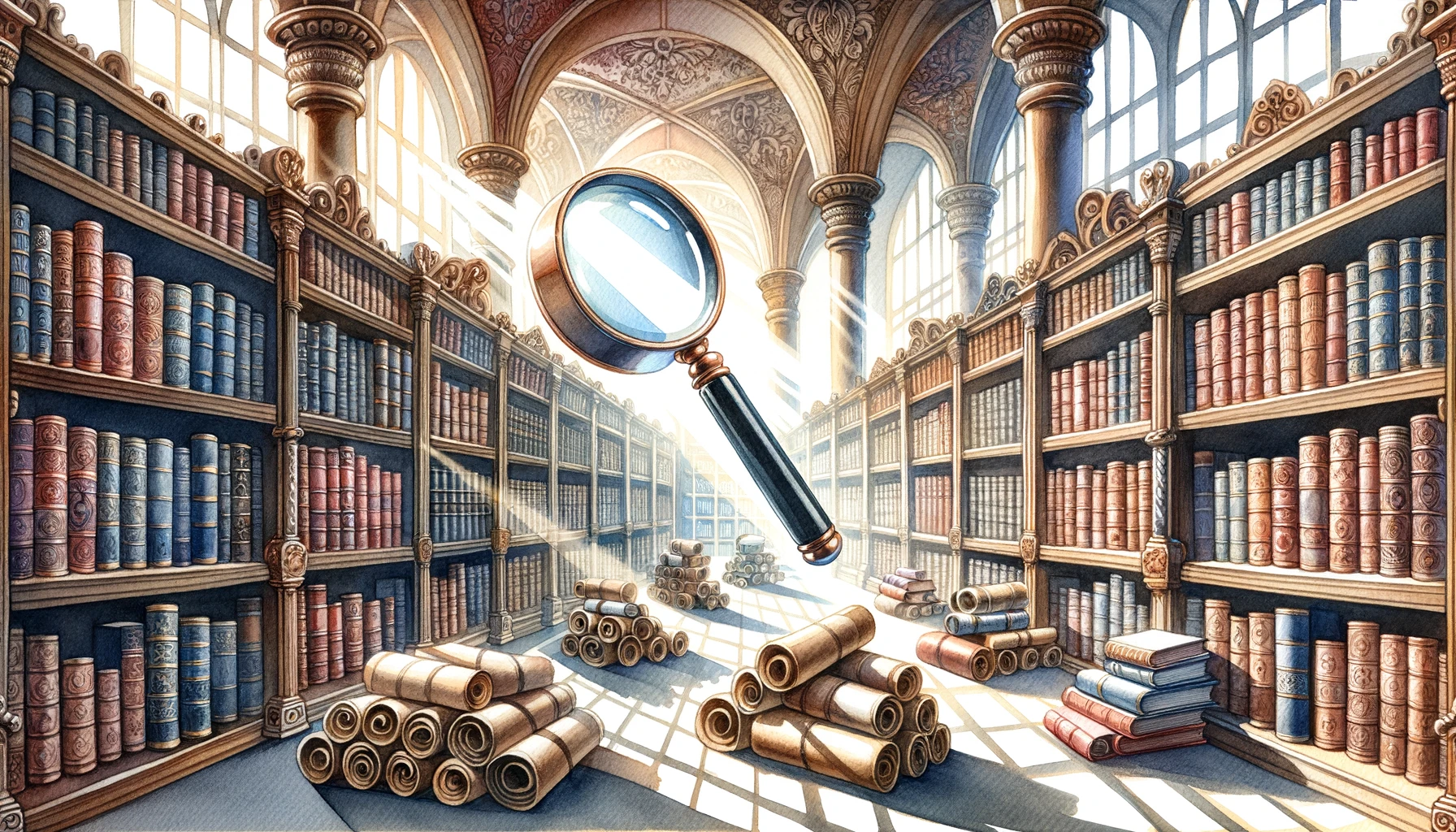 Scrolls and books fill an ornate library, symbolizing articles. A hovering magnifying glass highlights search, with soft light through arched windows.
