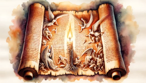Ancient scroll illuminated by a candle, with faint outlines of both angelic and demonic figures emerging from the text, illustrating the biblical insights into the spiritual realm.
