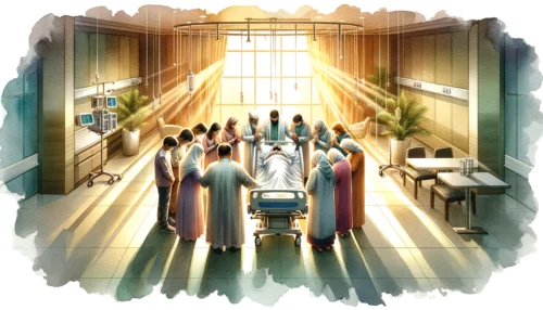 Hospital room bathed in a soft golden light. A family huddled together in prayer around a patient's bed, witnessing an unexpected recovery, symbolizing a modern-day miracle.