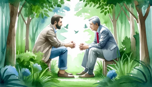 Two men are deeply engrossed in conversation, with the surrounding nature symbolizing the peace and understanding that comes from effective communication.
