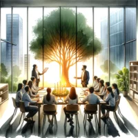 Collaborative team meeting, employees brainstorming. A tree outside the window symbolizes growth, and a burning candle on the table represents the light of Christ guiding decisions.