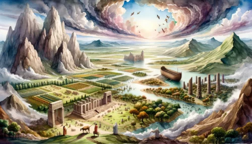 Vast ancient landscape, with prominent Biblical events from the early chapters of Genesis unfolding, symbolizing the foundational narratives.