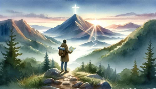 Serene mountain landscape at dawn. A person stands at the base, gazing at the peak with a map and compass in hand.