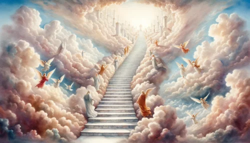 Stairway made of clouds, rising from the earthly realm to the heavenly spheres, with each step representing a different degree or level of heaven.
