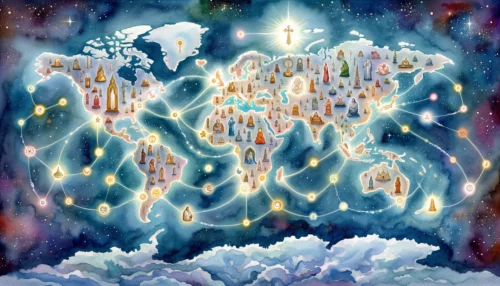 World map adorned with religious icons emitting gentle glows across continents. The glows intertwine, guiding towards heaven.