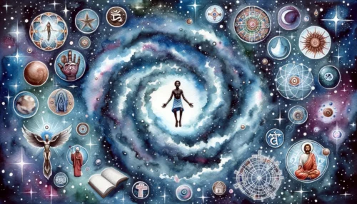 Vast cosmic scene with stars and galaxies. In the center, a person floats, surrounded by symbols of karma on one side and Christian icons on the other.