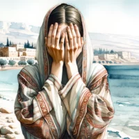 Woman near the shores of the Dead Sea. Both of her hands fully cover her face capturing a deep moment of introspection.