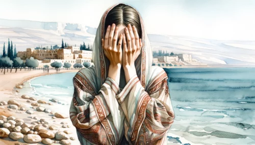 Woman near the shores of the Dead Sea. Both of her hands fully cover her face capturing a deep moment of introspection.