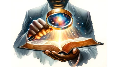 Person holding a magnifying glass over an open Bible. The magnified section glows, symbolizing deeper understanding and the unveiling of hidden wisdom.