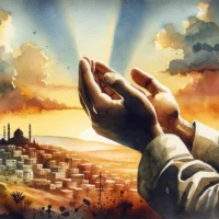 Pintura en acuarela de manos cruzadas en oración con un paisaje de Oriente Medio como telón de fondo, que capta la esencia de la búsqueda de la guía divina en medio del conflicto.