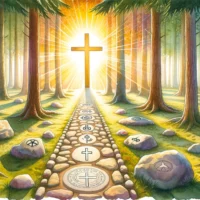 Sunlit forest clearing with a stone pathway leading to a radiant cross in the center. Along the path, small markers with symbols of various beliefs highlight Christianity's place among them.