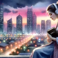 Young Christian woman on a rooftop during twilight, overlooking the city lights. She's lost in thought, listening to secular music with a Bible close to her.