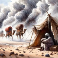 Afro-American slave sheltering under a makeshift tent amidst a sandstorm, with glimpses of ancient Middle Eastern caravans passing in the distance.
