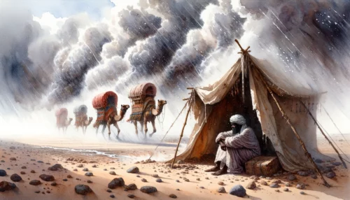 Afro-American slave sheltering under a makeshift tent amidst a sandstorm, with glimpses of ancient Middle Eastern caravans passing in the distance.
