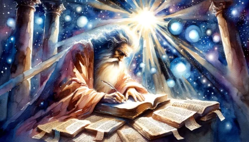 Illuminated by celestial light, an ancient scribe fervently writes scriptures, representing the divine connection and sanctification of the Bible's message.