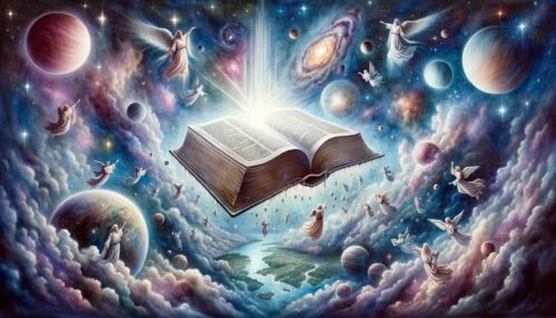 Celestial panorama with a floating Bible emitting divine light, surrounded by angels pointing to passages, emphasizing its centrality in faith's universe.