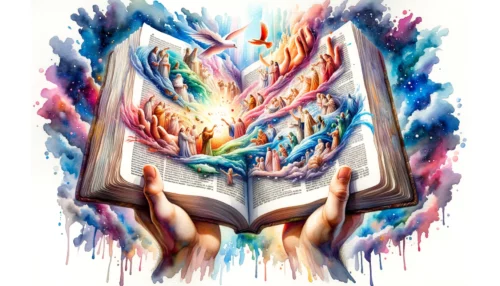 Hands holding the Book of Genesis, with the pages coming alive and transforming into a vibrant tapestry of events, characters, and lessons, capturing the dynamic nature of early Biblical narratives.