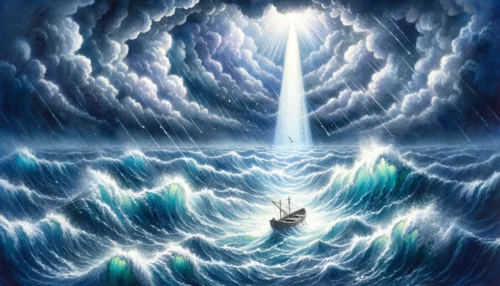 Stormy night at sea, a small boat battles waves. A radiant beam from the heavens shines on the boat, symbolizing God's guidance and promise in challenging times.