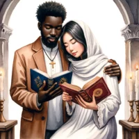 Interfaith Christian couple in a candlelit room holding different religious texts.
