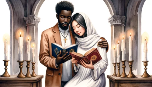 Interfaith Christian couple in a candlelit room holding different religious texts.