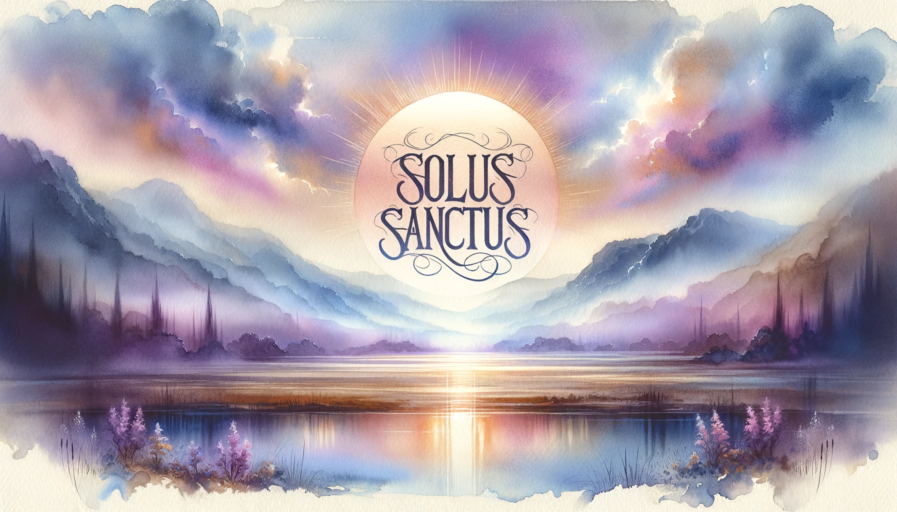 Dawn's mist veils rolling hills near a serene water body reflecting the sky. "Solus Sanctus" graces the center in elegant script.