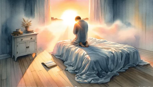 Kneeling by the bed in the soft dawn light, an individual prays with an open Bible nearby, symbolizing the importance of starting the day with God.