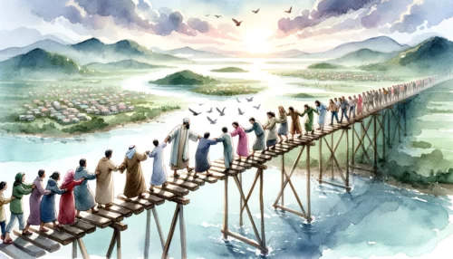 Bridge connecting two land masses, with people of various descents helping one another cross.