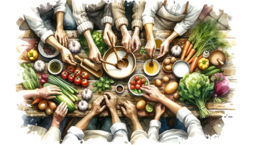 Hands in a kitchen prepare a meal. Fresh ingredients on the table create a feeling of collaboration and warmth, symbolizing coming together in hospitality and shared purpose.