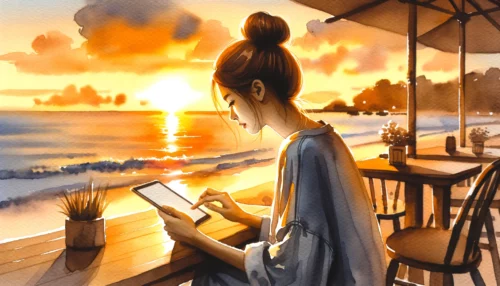 Young woman at a beachside cafe during sunset. The golden horizon complements her focused demeanor as she uses her tablet to engage in a digital prayer group.