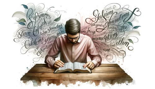Person immersed in Bible reading at rustic desk. Floating script quotes surround, some fading, symbolizing misconceptions often believed to originate from the Bible.