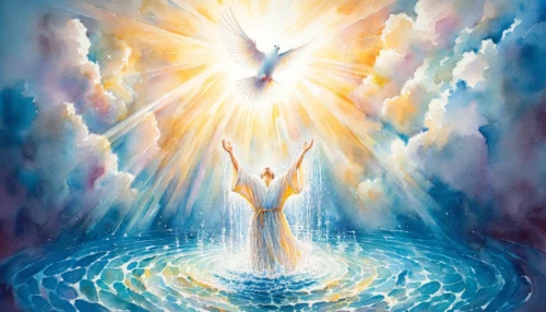 Christian believer immersed in radiant water, a dove descends from the heavens, symbolizing the Holy Spirit's baptism and the divine connection established.