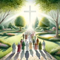 Garden with a path leading to a cross illuminated by a divine light. People walk towards the cross, shedding shadows of their old selves, representing the journey of becoming sanctified.