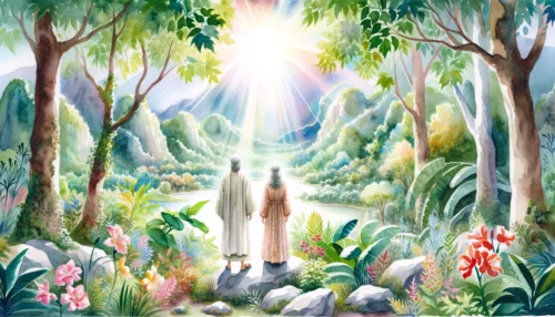 Serene garden setting, Adam and Eve stand amidst flora and fauna, gazing in wonder. God's radiant light shines down upon them, depicting the creation of humanity.