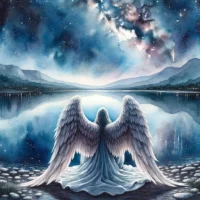 Calm lake under a starry night sky. From behind, an archangel sits by the water's edge, wings folded, in a moment of quiet contemplation.