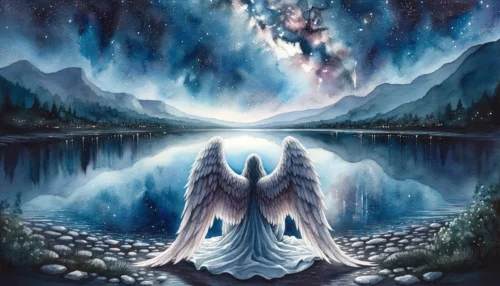 Calm lake under a starry night sky. From behind, an archangel sits by the water's edge, wings folded, in a moment of quiet contemplation.