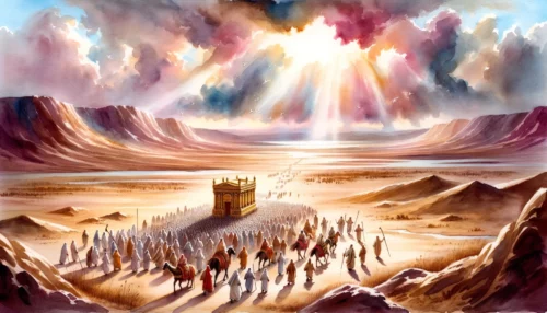 The Israelites marching under a radiant sky. The Ark of the Covenant is carried at the front, symbolizing God's guidance and presence with them during the conquest.