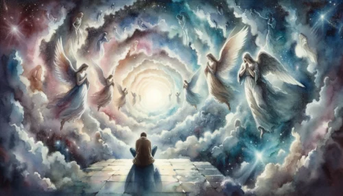 Contemplative scene with a lone figure kneeling in prayer, surrounded by ethereal images of angels, both radiant and shadowed, reflecting on the mystery of their creation and free will.