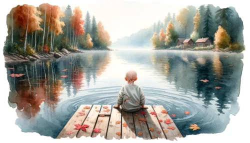 Tranquil lakeside during autumn. A child with a physical defect sits on a wooden dock, dipping their toes into the calm waters, reflecting moments of peace and introspection.